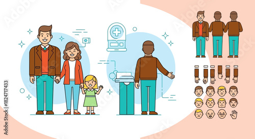 Vector illustration of illustration of family visiting doctor or clinic for consultation with various character views and emotional expressions set