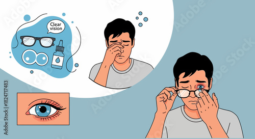 Vector illustration of illustration of man suffering from eye strain and fatigue, rubbing eyes while considering vision correction options like glasses and contact lens solution