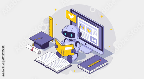 Vector illustration of illustration of isometric illustration of a cute robot studying with books, computer, and graduation cap, symbolizing artificial intelligence education and elearning concept