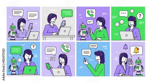 Vector illustration of illustration of set of eight illustrations depicting customer service agent interaction with robot assistant, using headset, laptop, and smartphone for support