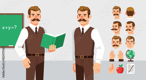 Vector illustration of illustration of set of male teacher character creation kit with various poses, facial expressions, and educational object elements for illustration