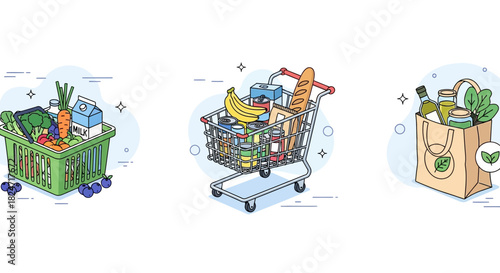 Vector illustration of illustration of set of three illustrations depicting grocery shopping concepts produce basket, full shopping cart, and reusable grocery bag