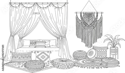 Boho bedroom interior with canopy bed macrame wall hanging and floor cushions