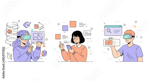 Vector illustration of illustration of three diverse people interacting with virtual reality and augmented reality interfaces using modern technology