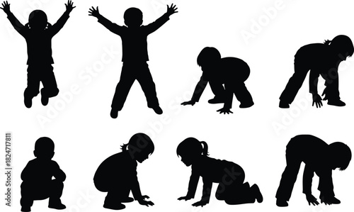 Silhouette collection of active children jumping, squatting, crawling, and playing, isolated poses for educational resources, design elements, animation references, creative projects