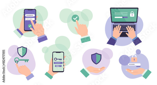 Vector illustration set of office business icons: computer, laptop, mobile phone, tablet, and communication devices