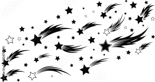 Black and White Set of Shooting Stars, Comets, and Simple Star Silhouettes, Representing Space, Wishes, Celestial Events, and Festive Decoration.