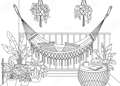 Relaxing hammock scene with plants and pillows in a peaceful outdoor setting