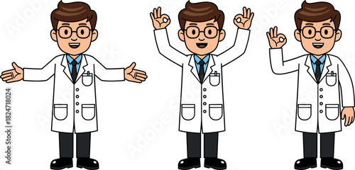 Smiling male doctor character vector set with medical coat, glasses, and different hand gesture poses for healthcare designs