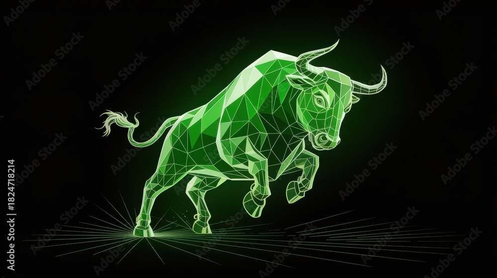Obraz premium An image of a charging bull with a glowing green and geometric design
