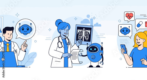 Vector illustration of illustration of medical artificial intelligence technology with doctor, patient, and robot assistant for healthcare consultation and diagnosis