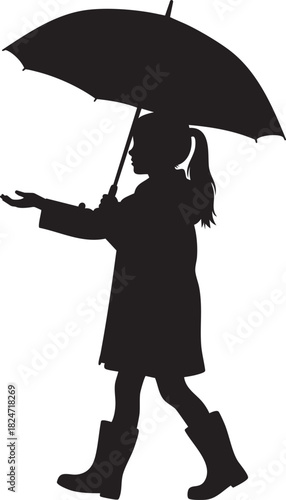Girl Walking with Umbrella Silhouette: Child in Raincoat and Boots, Checking for Rain Vector