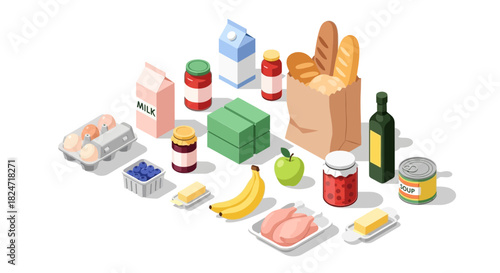 Vector illustration of illustration of isometric illustration of various grocery food items including dairy, bread, fruit, meat, and canned goods