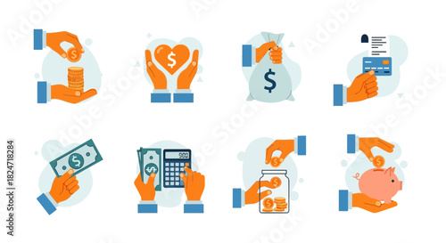 Vector illustration of illustration of collection of flat design icons representing various financial concepts like saving money, donation, payment, and calculation