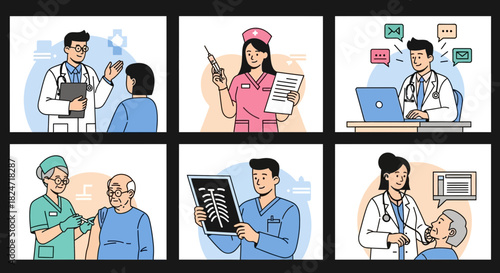 Vector illustration of illustration of set of six flat design illustrations depicting various medical professionals interacting with patients in a healthcare setting