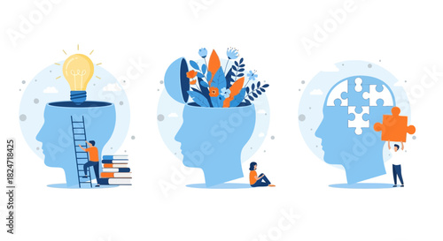 Vector illustration of illustration of set of three illustrations representing human mind concepts like idea generation, mental growth, and problem solving with puzzle piece