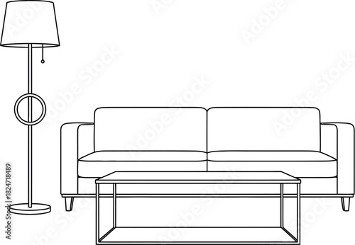 Minimalist living room design featuring a sofa lamp and coffee table sketch