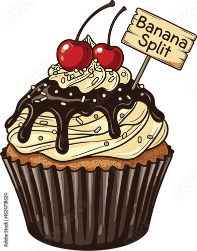 Banana split cupcake with cherries and chocolate drizzle delicious dessert sweet treat bakery item