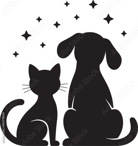 Black and white cute domestic pet cats and mouse silhouette cartoon vector illustration drawing