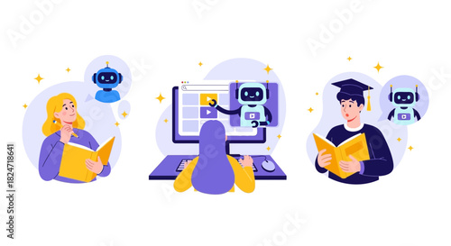 Vector illustration of illustration of students learning artificial intelligence and machine learning concepts from a computer screen with a robot tutor