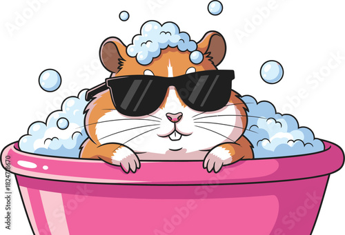 Cool hamster bath time cartoon illustration with sunglasses and bubbles for pet lovers and animal enthusiasts