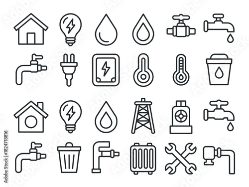 A collection of line art icons representing utility services and home fixtures.