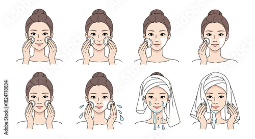 Vector illustration of illustration of set of eight illustration steps showing a woman cleansing her face using cotton pad and water for skincare routine