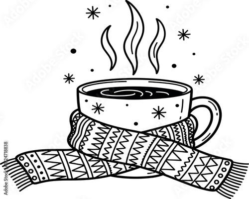 Cozy warm drink in a mug with a winter scarf, perfect for cold weather, featuring steaming hot beverage and festive snowflake design