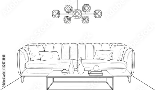 Modern living room interior design with sofa pillows table and lighting fixture
