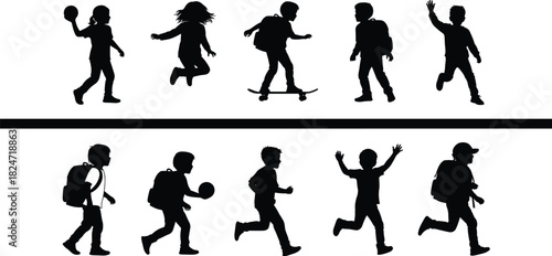 Silhouettes of active school children walking, running, playing, and skateboarding, backpack kid outlines in motion on white background