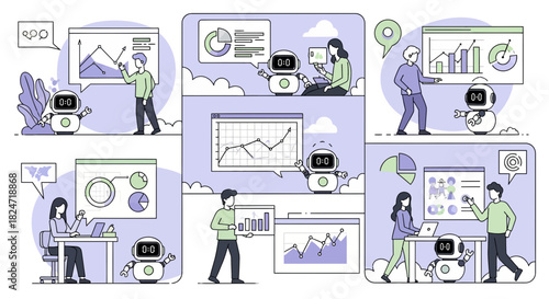 Vector illustration of illustration of business people collaborating with ai robot assistant for data analysis, reporting, and presentation in modern office setting