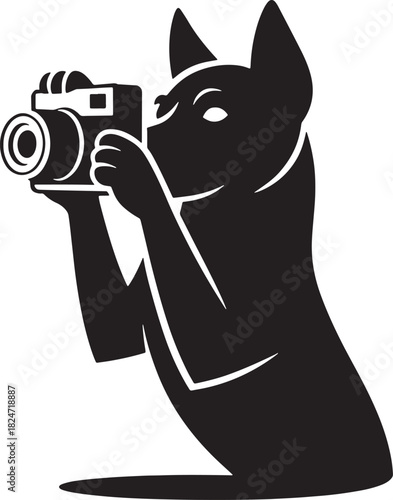 Silhouette of a dog holding a camera and taking a photo