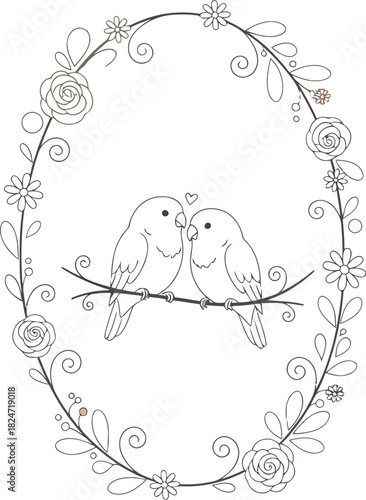 Two cute lovebirds sitting together on a branch inside a floral wreath frame