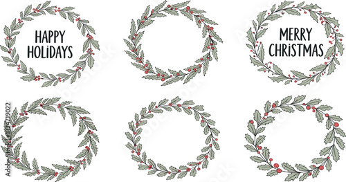 Collection of festive holiday wreath frames with lush green foliage and vibrant red berries, ideal for Christmas season greeting cards and decorative designs