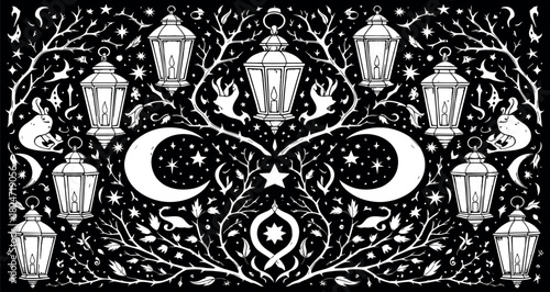 Enchanting night sky celestial pattern with moon, stars, and ornate lanterns, evoking a mystical and magical atmosphere