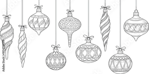 Collection of beautifully detailed outline Christmas ornaments, hanging elegantly, showcasing intricate patterns perfect for festive holiday decoration and seasonal designs