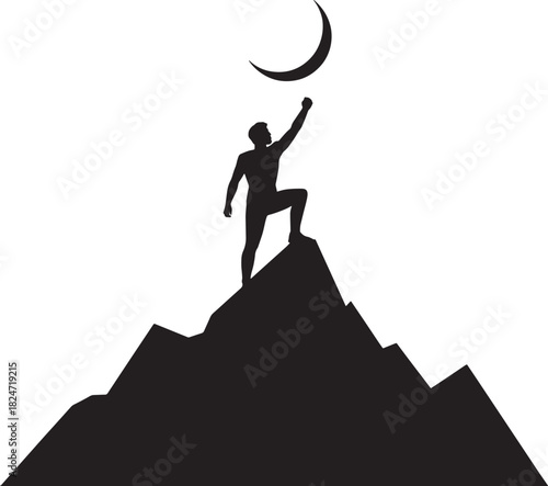 Silhouette of a person standing on a mountain top at sunset, symbolizing business victory and freedom