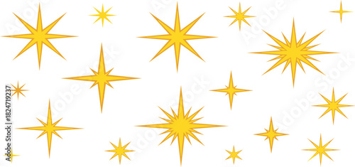 Sparkling golden stars with a bright glow on a white background, perfect for festive and celebratory designs