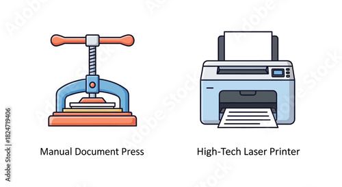 A comparison of traditional manual press and modern high tech laser printer