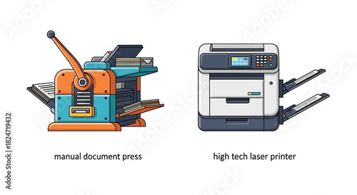 Illustration of a vintage manual press and a modern laser printer