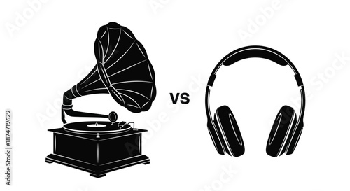 Vintage gramophone and modern headphones in a black and white comparison