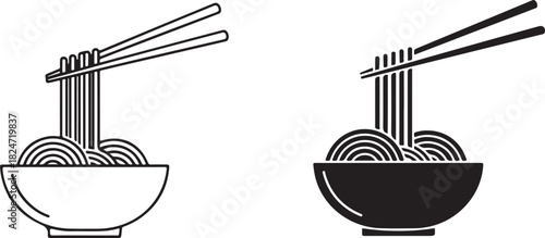 Minimalist Icons: Bowl of Noodles with Chopsticks, Line Art and Silhouette