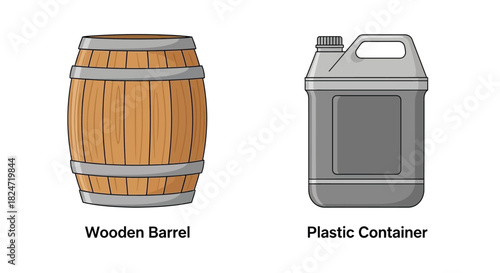 Illustration of a wooden barrel and a gray plastic container side by side