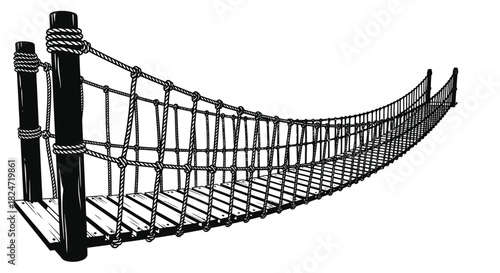 A black and white illustration of a rope suspension bridge structure