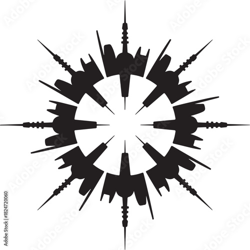 Fototapeta Naklejka Na Ścianę i Meble -  Circular pattern with futuristic space stations in dark silhouette design