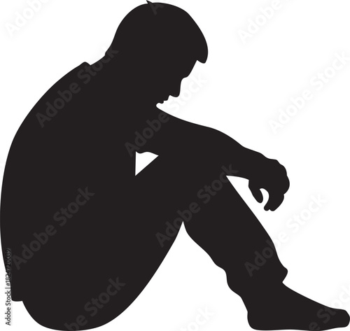 Depressed Man Sitting Alone Silhouette: Sadness, Loneliness, Mental Health Issue Vector