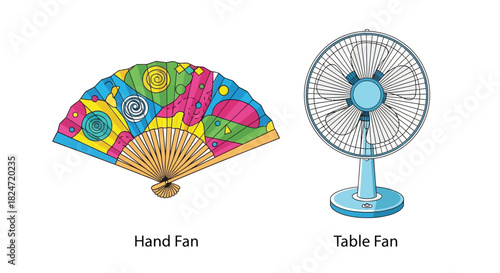 Colorful hand fan and a modern electric table fan illustration