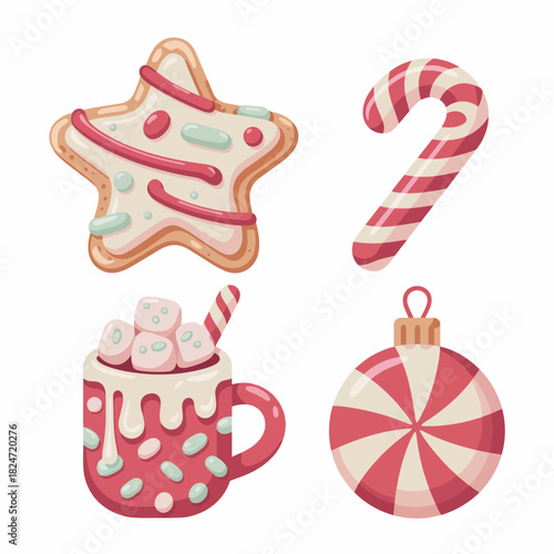 Sweet christmas treats and decorations set with gingerbread cookie and hot cocoa mug
