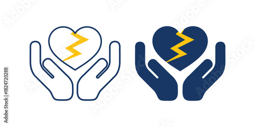 Heart in hands icon with lightning symbol in outline and solid style, representing medical emergency, cardiac care, health support and protection concepts
