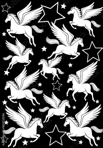 flying pegasus in the night sky. coloring book